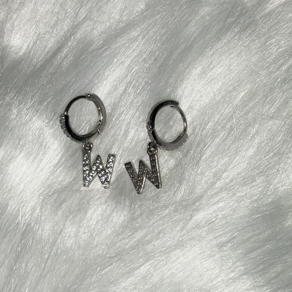 Silver Letter “W” Initial Hoop Earrings - Picture 2 of 2